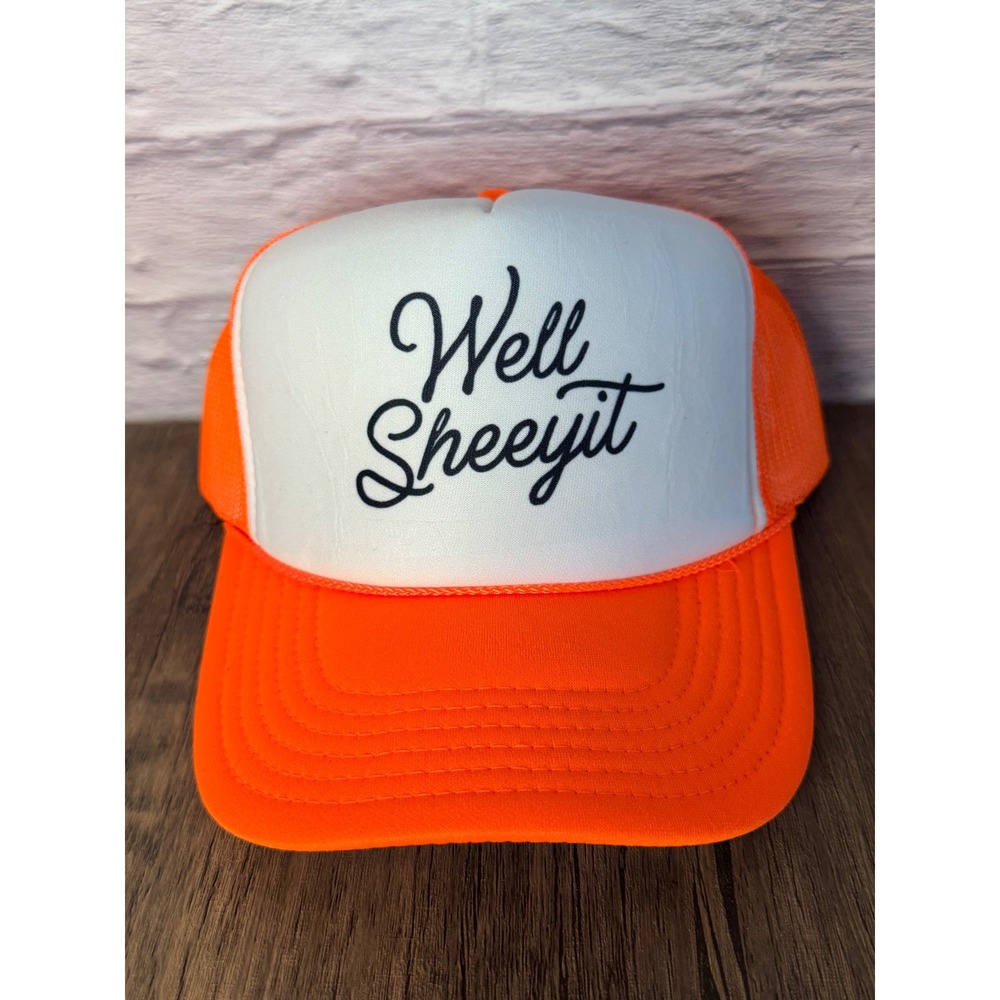 Well Sheeyit Neon Orange White Trucker Hat Snapback Mesh Cap Graphic Hat - Picture 1 of 5